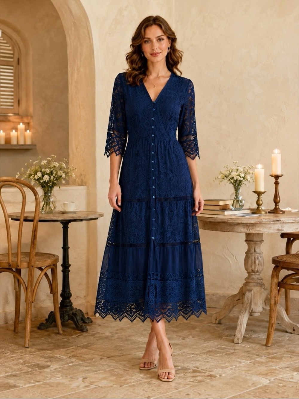 Cottagecore Romantic Boho Blue Lace Maxi Dress M Whimsigoth Sheer Overlay Slip